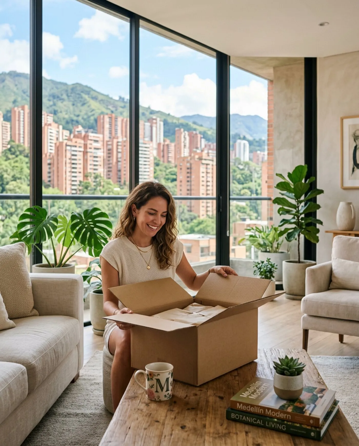 An expat opening a U.S. package in a Medellín apartment
