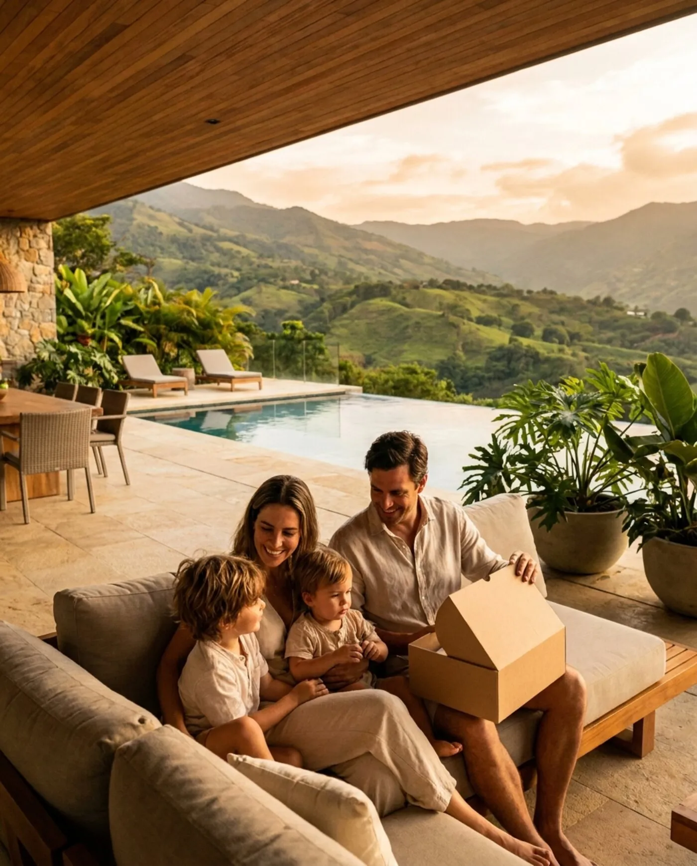 A happy family on the terrace of a modern Colombian home with a mountain valley view, opening a delivered package