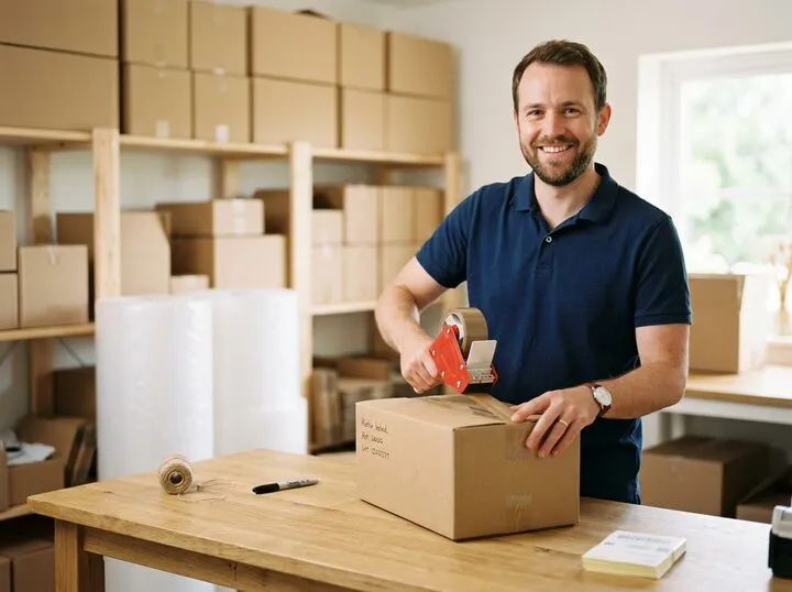 A team member packing a box