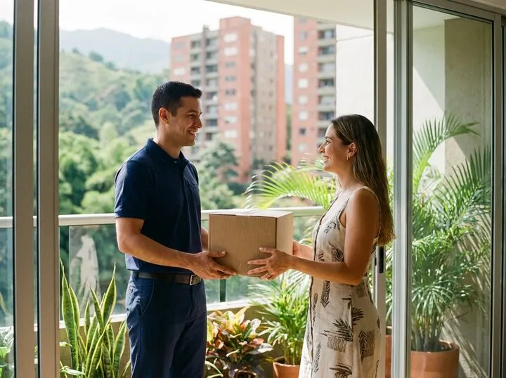 A courier delivering a box to a Medellín doorway