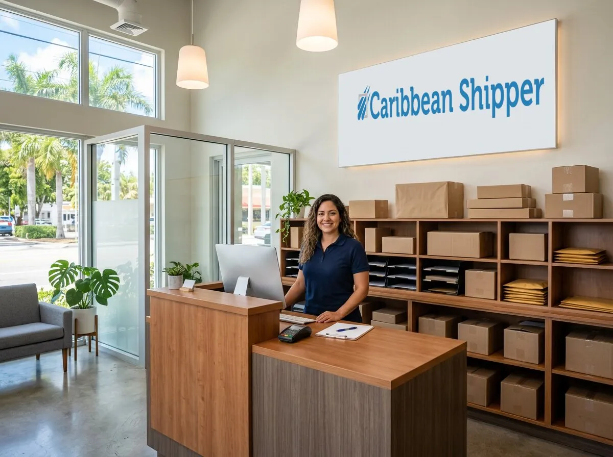 Caribbean Shipper receiving front desk in Miami with the logo on the wall